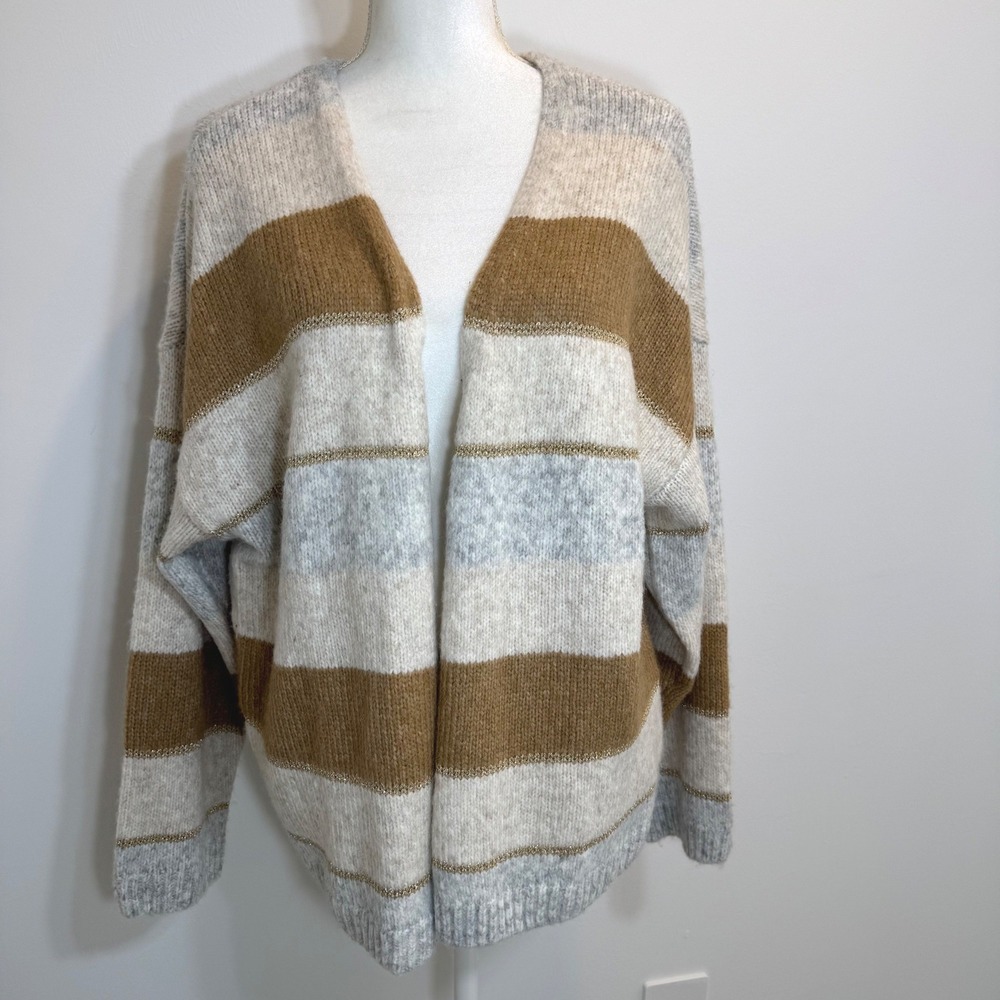 Vince Camuto Striped Metallic Alpaca Blend Open Front Cardigan Sweater M